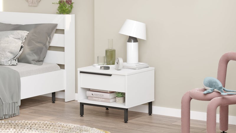 Home Canvas  Lunar Bed Side Table with Drawer & Open Shelf, White - Image 3